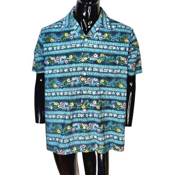 Vintage 80s Kennington Floral Dragon Print Hawaiian Aloha Button-Down Tiki Shirt - Picture 1 of 11